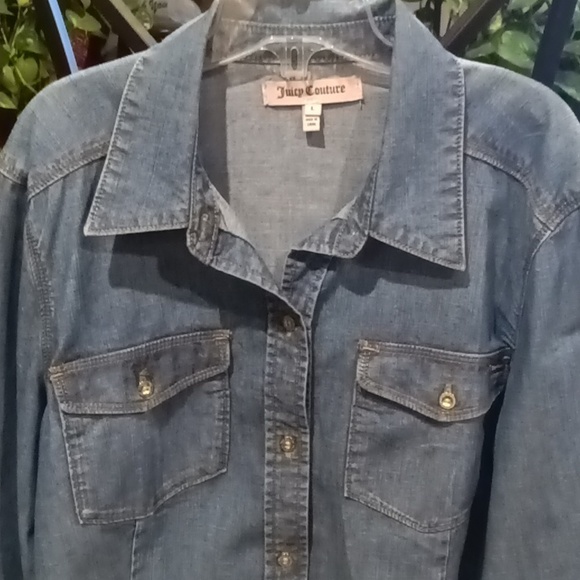 FINAL PRICE NWOT Juicy Couture blue denim l/s shirt w gold buttons Lg - Picture 2 of 4